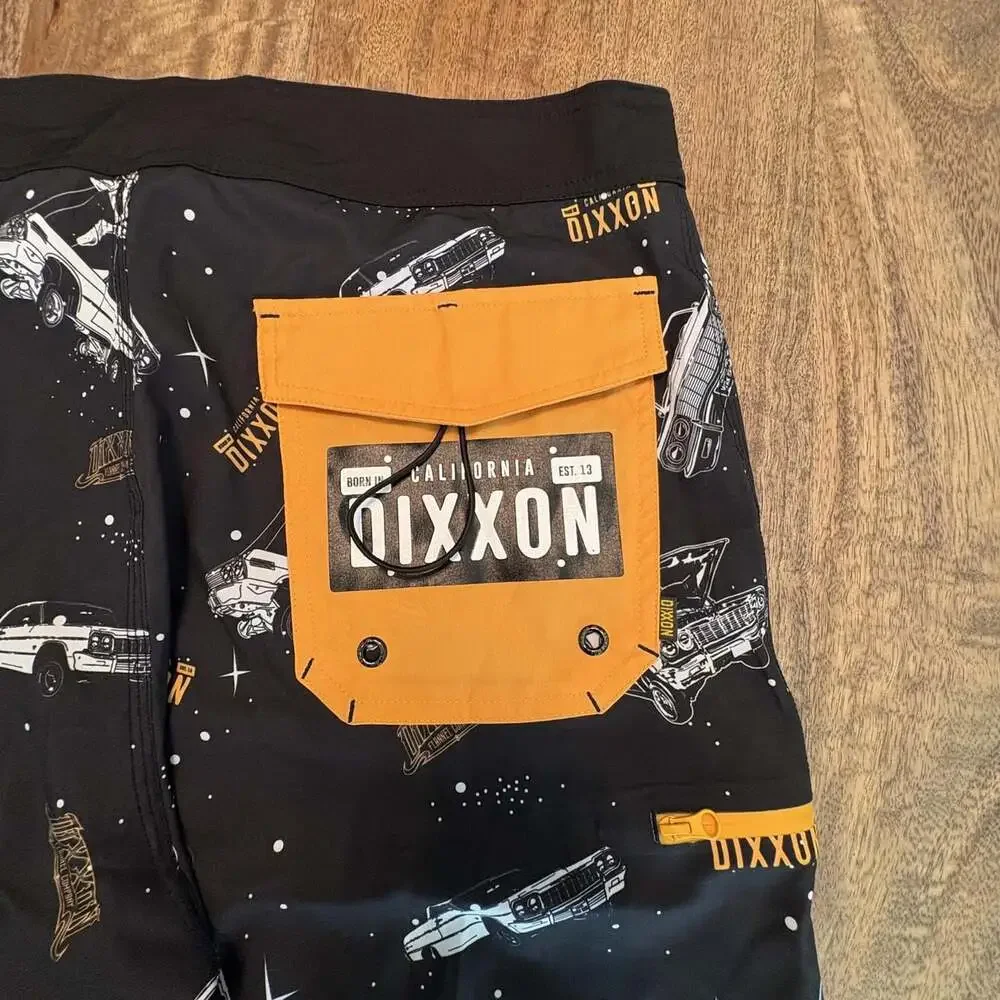 Dixxon Shorts Mens 32 Black Space Car Print Boardshorts Swim Trunks Drawstring